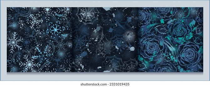 Set of blue camouflage patterns with snowflake, roses, spiderweb. Dense composition with overlapping elements. Good for apparel, fabric, textile, sport goods. Grunge texture