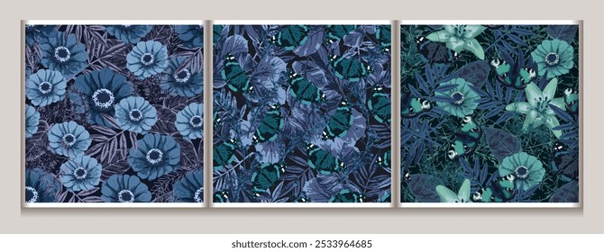 Set of blue camouflage seamless patterns with lush foliage, leaves, butterfly. Wild nature. For apparel, fabric, textile, sport goods design.