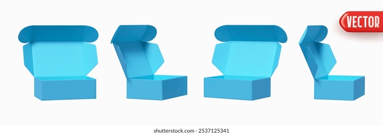 Set of blue cardboard open boxes realistic 3d design isolated on white background. Collection of open paper box. vector illustration