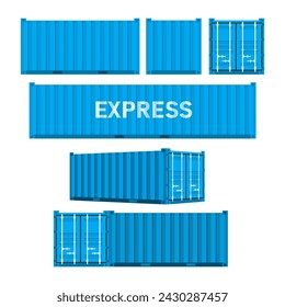 Set Blue cargo containers. Freight Shipping, delivery and transportation. Vector illustration