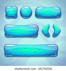 Set of blue cartoon glassy buttons with bubbles, game ui elements