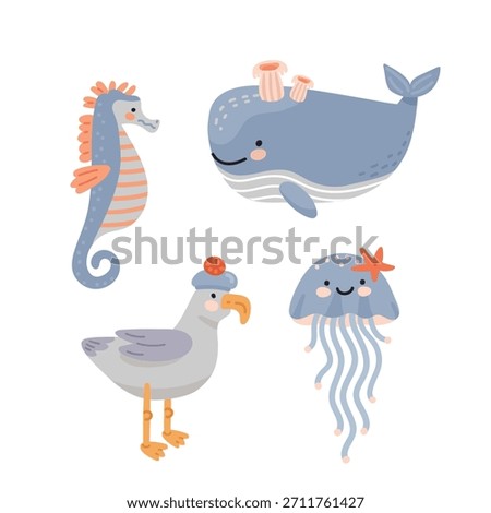 A set of blue cartoon illustrations of sea animals for children's products and books. Flat vector style.