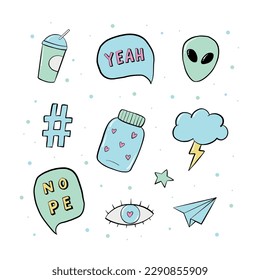set of blue cartoon stickers, clip art, doodles for prints, cards, planners, sublimation, scrapbooking, stationary, etc. EPS 10