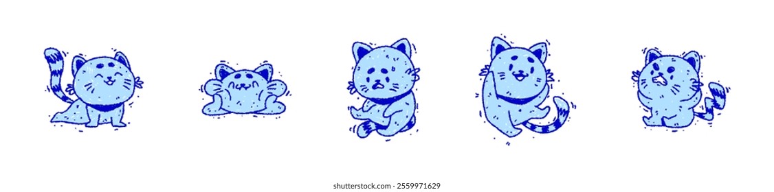 Set of blue cats hand drawn in doodle style. Funny sketches cartoon animals and pets. Vector line illustration isolated on white background