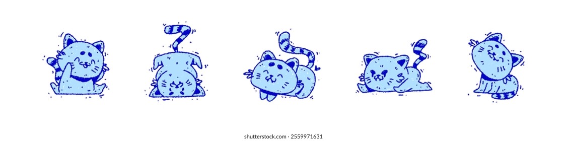 Set of blue cats hand drawn in doodle style. Funny sketches cartoon animals and pets. Vector line illustration isolated on background