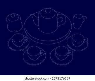 Set of blue ceramic cups and saucers are arranged in a circle. The cups are of various sizes and are placed on a blue background. The arrangement gives a sense of elegance and sophistication