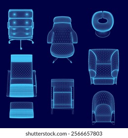 Set of blue chairs with different shapes and sizes. The chairs are arranged in a grid pattern, with some overlapping each other. The chairs vary in design, with some having armrests