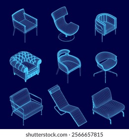 Set of blue chairs with different shapes and sizes. The chairs are arranged in a grid pattern, with some overlapping each other. The chairs vary in design, with some having armrests