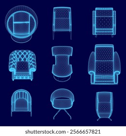 Set of blue chairs with different shapes and sizes. The chairs are arranged in a grid pattern, with some overlapping each other. The chairs vary in design, with some having armrests