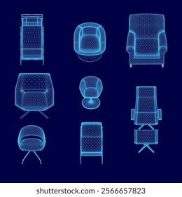 Set of blue chairs with different shapes and sizes. The chairs are arranged in a grid pattern, with some overlapping each other. The chairs vary in design, with some having armrests