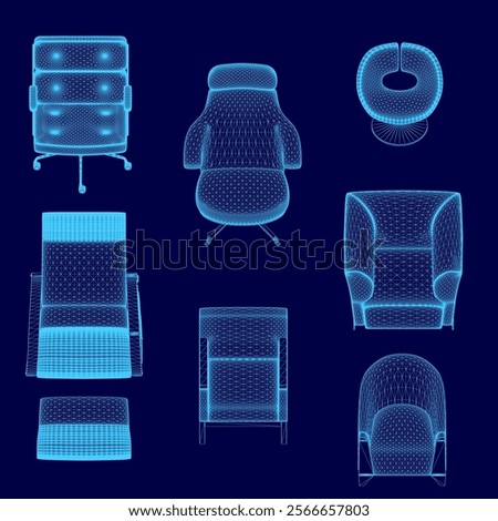 Set of blue chairs with different shapes and sizes. The chairs are arranged in a grid pattern, with some overlapping each other. The chairs vary in design, with some having armrests