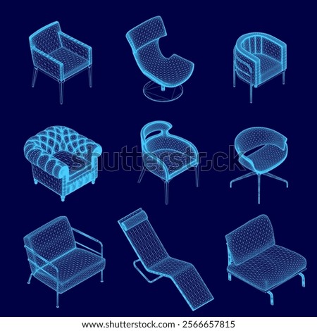 Set of blue chairs with different shapes and sizes. The chairs are arranged in a grid pattern, with some overlapping each other. The chairs vary in design, with some having armrests