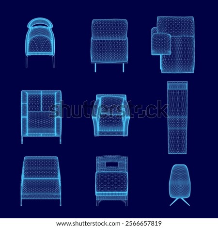 Set of blue chairs with different shapes and sizes. The chairs are arranged in a grid pattern, with some overlapping each other. The chairs vary in design, with some having armrests