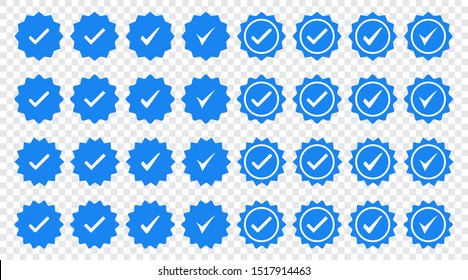 Set of blue check mark badge icons. Profile verification icons