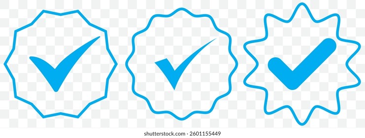 Set of blue check mark badge icons. Profile verification icons. EPS 10.