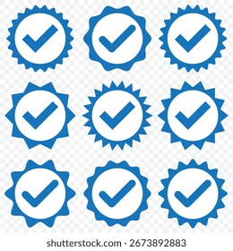 Conjunto de iconos de insignia de marca de verificación azul. Iconos de verificación de Perfil en fondo transparente. EPS 10.