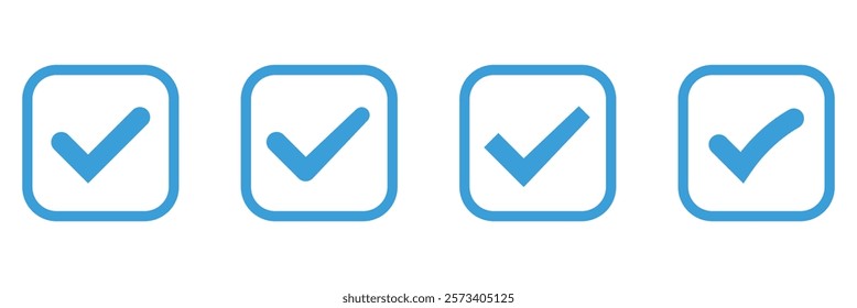 Set blue check mark icon. Blue tick in blue circle. Accept button. Style blue verified check icon.