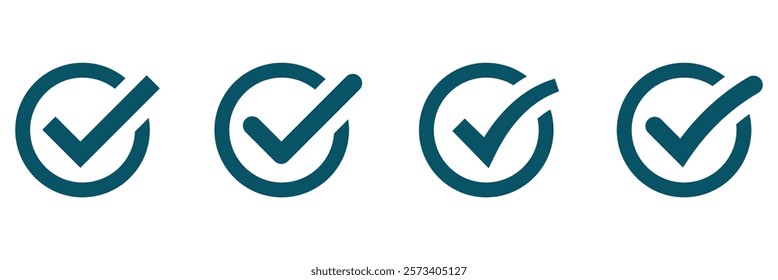 Set blue check mark icon. Blue tick in blue circle. Accept button. Style blue verified check icon.