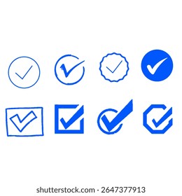 Set of blue check mark icons with various shapes Isolated check mark symbol, checklist sign, approval sign collection. Vector illustration.