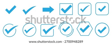 A set of blue check mark icons isolated on white background different styles of tick symbols for approval, acceptance, and confirmation in various shapes and designs