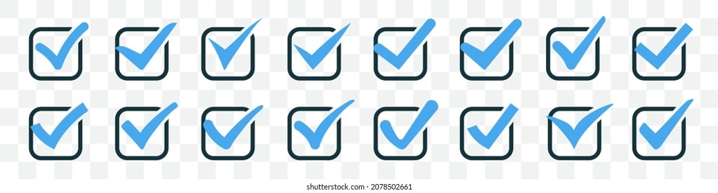 Set of blue check marks or ticks in boxes