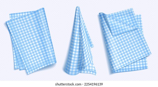 Set of blue checkered towels folded, hanging and top view isolated on white background. Realistic vector illustration of napkin, cozy kitchen interior design element, home textile for domestic use