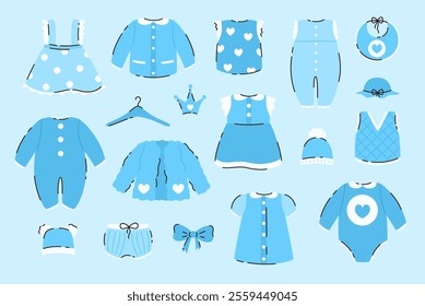 Set of blue children's clothing. Sweatshirts, overalls, hats, dresses, bows. Flat vector illustration.