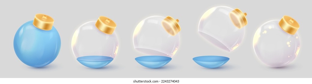 Set of blue Christmas ball, boxes, cases with stand, bottom half, glass dome and gold elements on the top. Happy New Year Vector illustration for card, party, design, flyer, banner, web, advertising