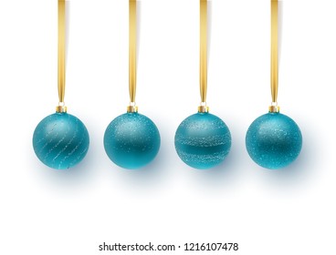 Set of blue Christmas ball, with an ornament and spangles. Isolated on white background. Vector illustration.