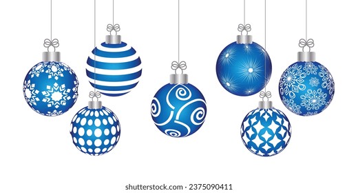 Set of Blue Christmas balls with different patterns