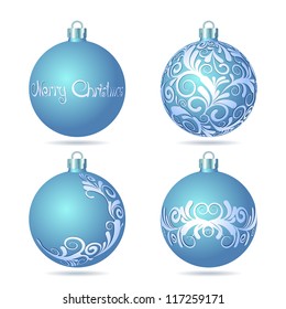 Set of Blue Christmas balls on white background. Vector illustration.