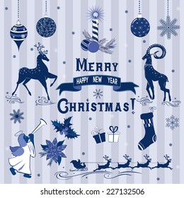 Set of Blue Christmas elements for design ideas. The elements are grouped in levels, and are disposed on separate layers