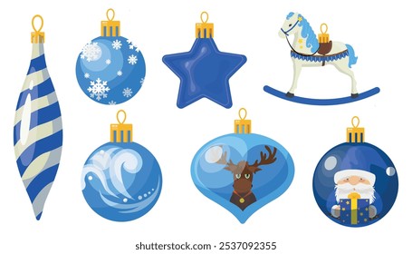 Set of blue Christmas tree toys in cartoon style.Vector illustration of cute Christmas tree toys: round, star, heart, rocking horse, with snowflakes,deer,Santa Claus,gift isolated on white background.