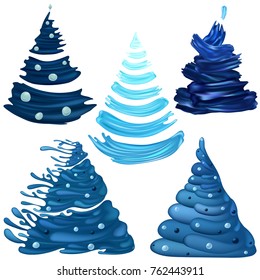 Set of Blue Christmas Trees in Acrylic Paint Style