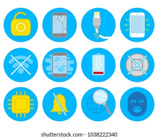 Set blue circle flat minimal icon logo for team repair serviced restoration support help with phone smartphone tablet computer smart phone gadget technology concept. Modern vector style illustration.