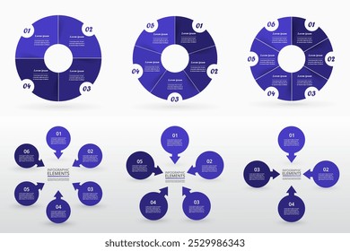 Set of blue circle infographic elements with 4, 5 and 6 options, parts or steps.