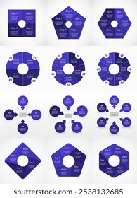 Set of blue circle infographic elements with 4, 5 and 6 options, parts or steps.