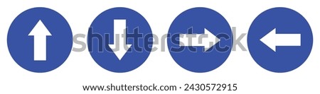 set blue circle shape right left opposite straight arrow road traffic mandatory sign direction icon. highway route collection road flat symbol for web mobile isolated white background illustration.