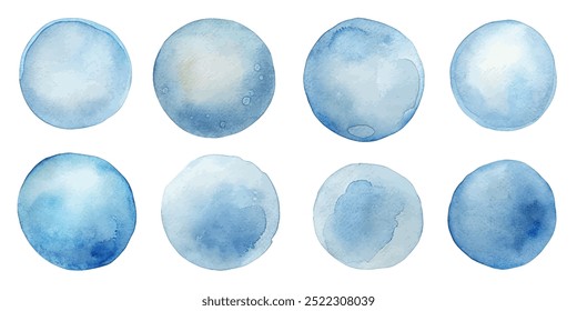 A set of blue circles with a watercolor style. The circles are all different sizes and are arranged in a row