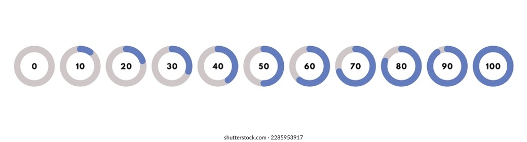 Set of blue circular progress bar. Timer icon with ten percent interval. Download display. Vector illustration