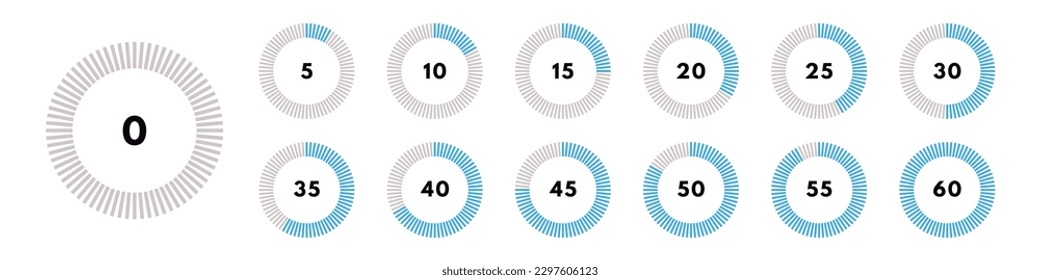 Conjunto de barra de progreso circular azul. Icono de temporizador con intervalo de diez por ciento. Pantalla de descarga. Ilustración del vector