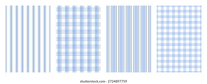 Conjunto de mantel clásico azul sin patrón. Fondos tradicionales a cuadros y rayas para la tela de la cocina y la materia textil. Patrón de gingham pastel. Repite el Fondo de pantalla. Ilustración estética de Vector