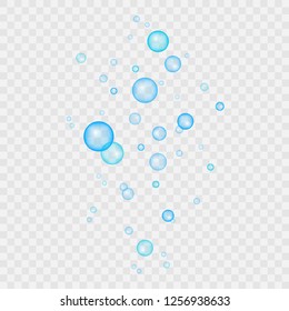 Set of blue clear drops of pure clear water isolated on a transparent background. Realistic vector illustration. Can be used for wallpaper, textile, invitation card, web page background.