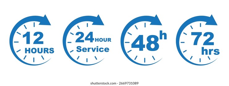 Conjunto de iconos de reloj azul con 12, 24, 48 y 72 horas, temporizador moderno y símbolos de fecha límite para la entrega, envío, servicio expreso, horario, cuenta regresiva, negocios, diseño de Variedad App, gráficos digitales. 