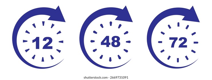 Conjunto de iconos de reloj azul con 12, 24, 48 y 72 horas, temporizador moderno y símbolos de fecha límite para la entrega, envío, servicio expreso, horario, cuenta regresiva, negocios, diseño de Variedad App, gráficos digitales. 