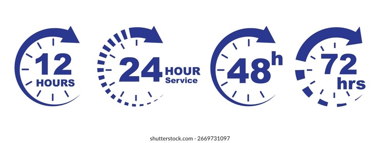 Conjunto de iconos de reloj azul con 12, 24, 48 y 72 horas, temporizador moderno y símbolos de fecha límite para la entrega, envío, servicio expreso, horario, cuenta regresiva, negocios, diseño de Variedad App, gráficos digitales. 
