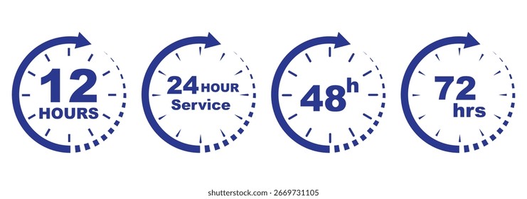 Conjunto de iconos de reloj azul con 12, 24, 48 y 72 horas, temporizador moderno y símbolos de fecha límite para la entrega, envío, servicio expreso, horario, cuenta regresiva, negocios, diseño de Variedad App, gráficos digitales. 