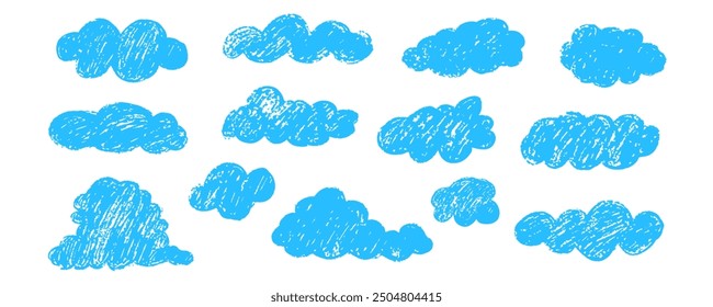 Set of Blue Cloud by Crayon Pencil Doodle Childish texture. Kids style chalk brush sky icon. Vetor illustration