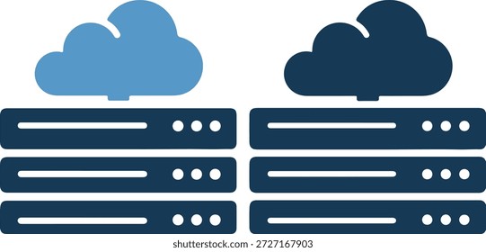 A set of blue cloud computing and server storage icons on a white background, featuring various shades of blue for a visually appealing contrast.