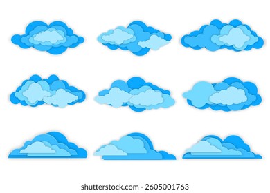 set of blue cloud icons made in layered papercut style